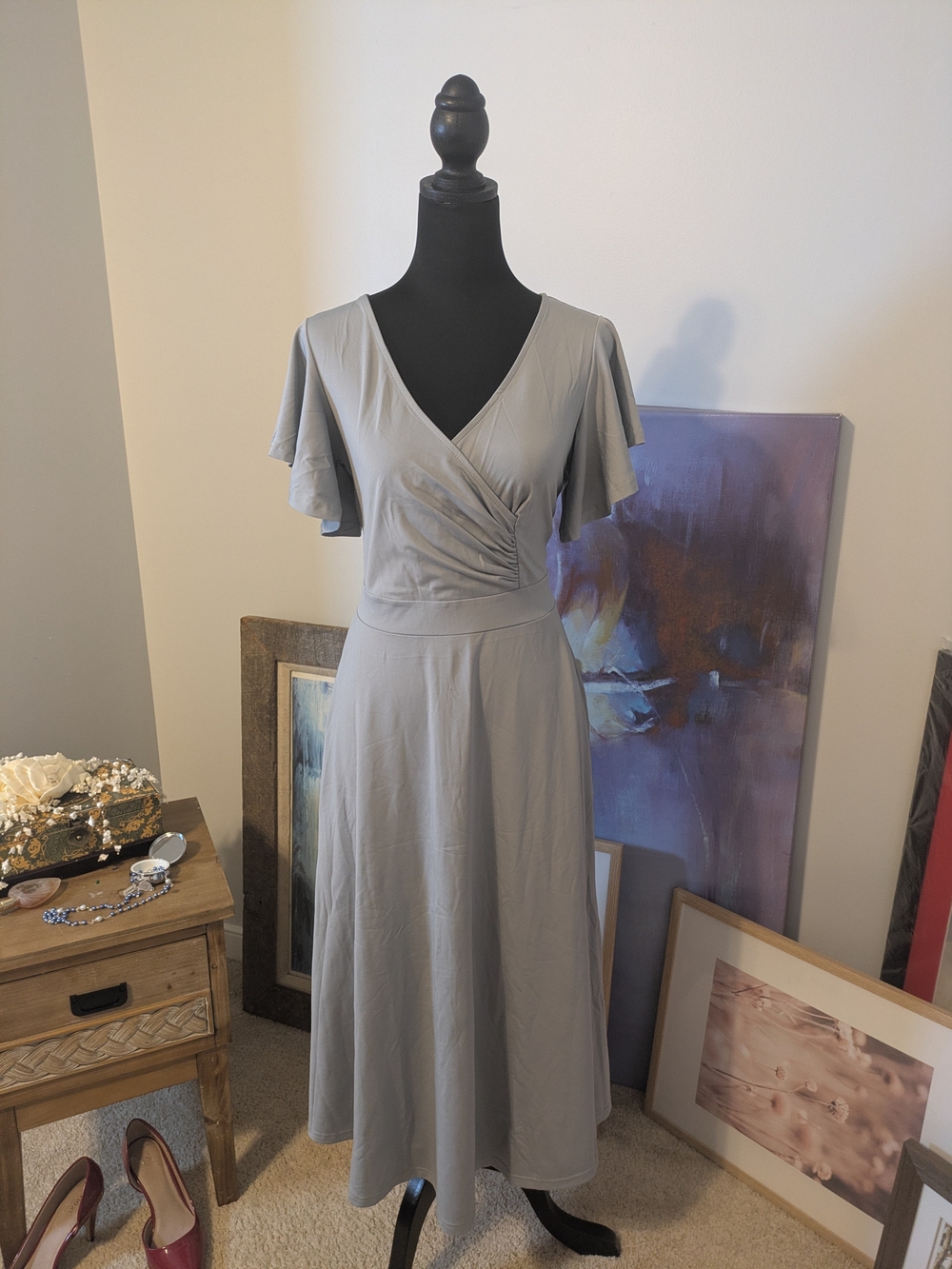 Unbranded Grey Flutter Sleeve Faux Wrap Midi Dress Size M Swing Skirt Classic